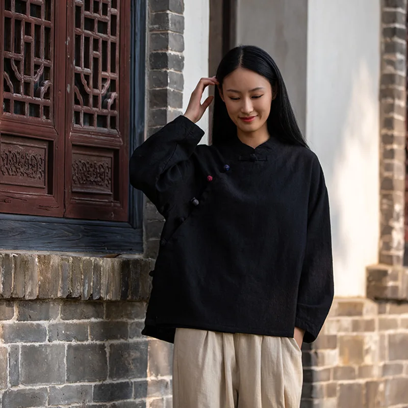 New Chinese Style Women's Tang Suit Traditional Clothes Ethnic Long Sleeve Vintage Top Hanfu Ladies Linen Clothing For Women 2XL