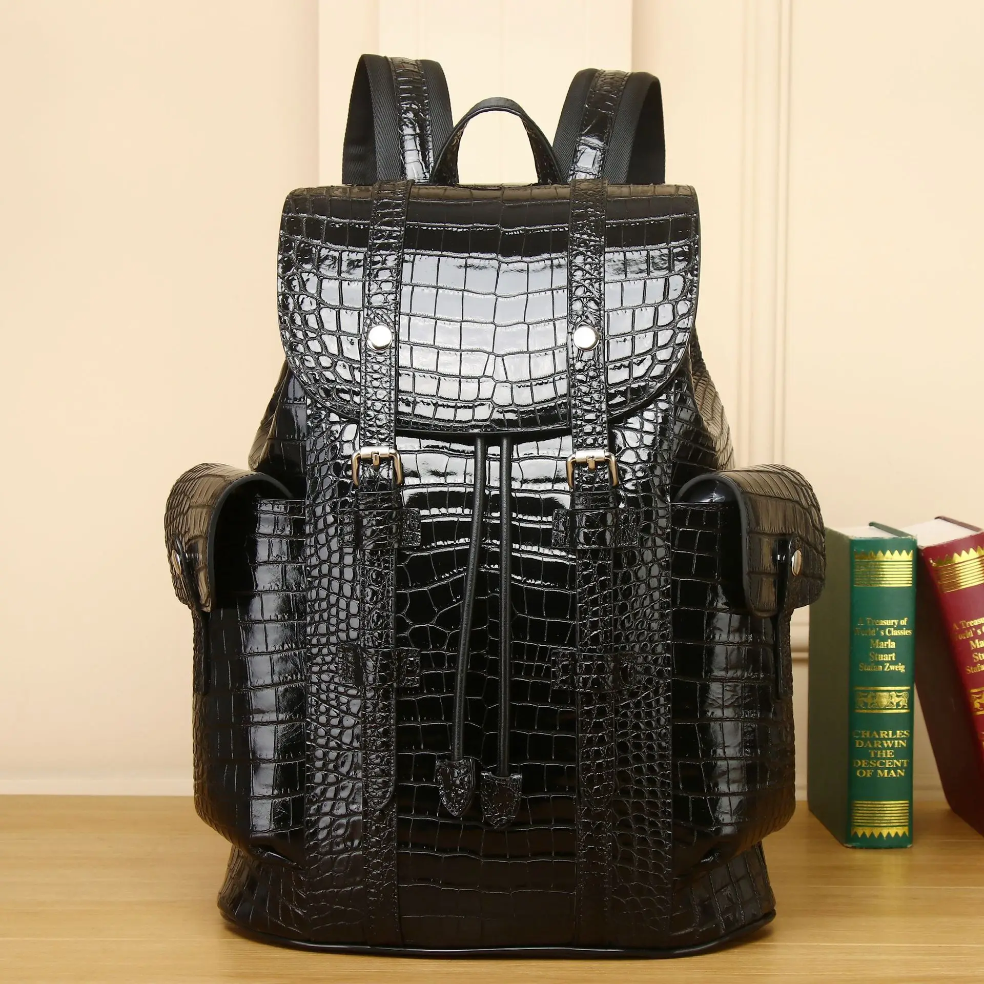 New Crocodile Belly Pattern Large Capacity Travel Backpack Female Genuine Leather High Men's Bag Trendy Males Bags For Teenagers 6