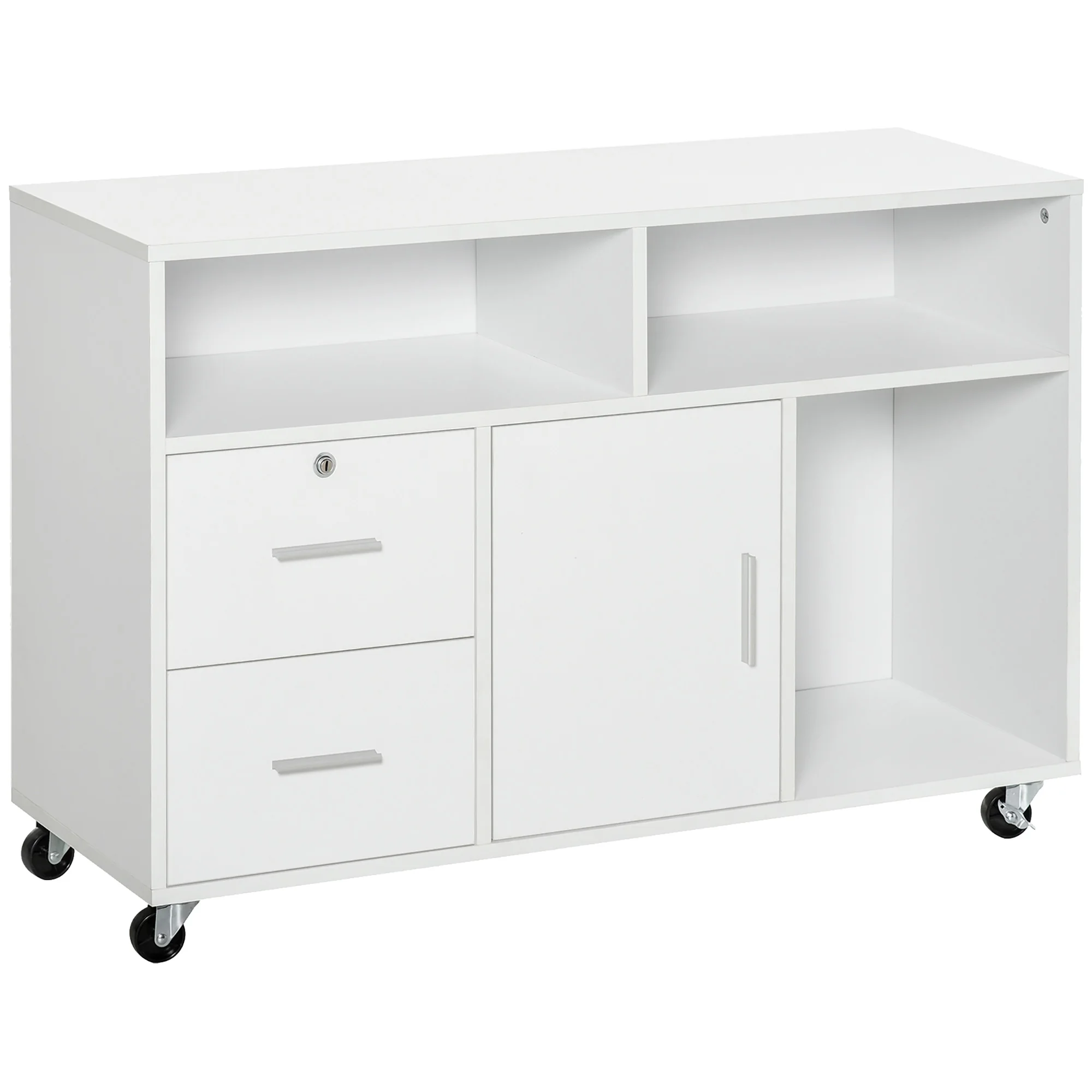 Meuble de salle de bain MCOM blanc, mobilier de bureau à roulettes, tiroirs et étagères, 100x35x65 cm