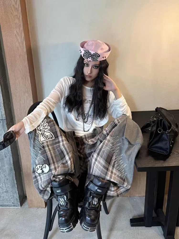 American Street Plaid Patchwork Gray Jeans for Women 2026 Loose Straight Wide Leg Pants Y2k High Waist Women's Clothing