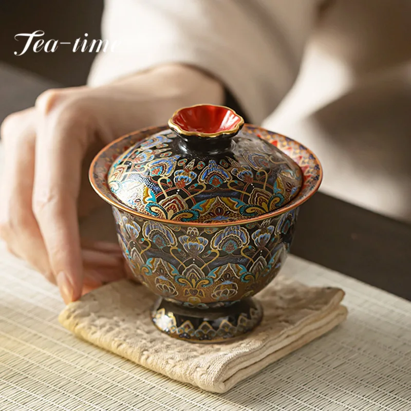 150ml Chinese Enamel Colored Gaiwan Ancient Hand Grasping Bowl Tea Lid Set Tea Tureen Maker Cover Bowl Items Ornaments