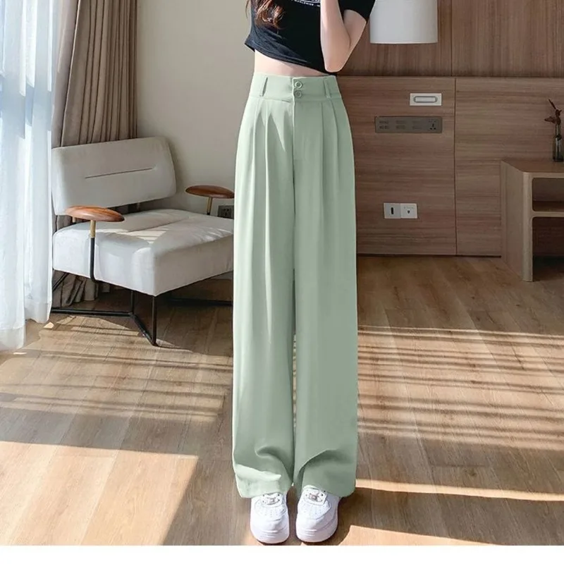 Women's Summer Thin Solid Color Fashionable Patchwork High-waisted Loose Button Pockets Ruched Formal Straight Casual Suit Pants
