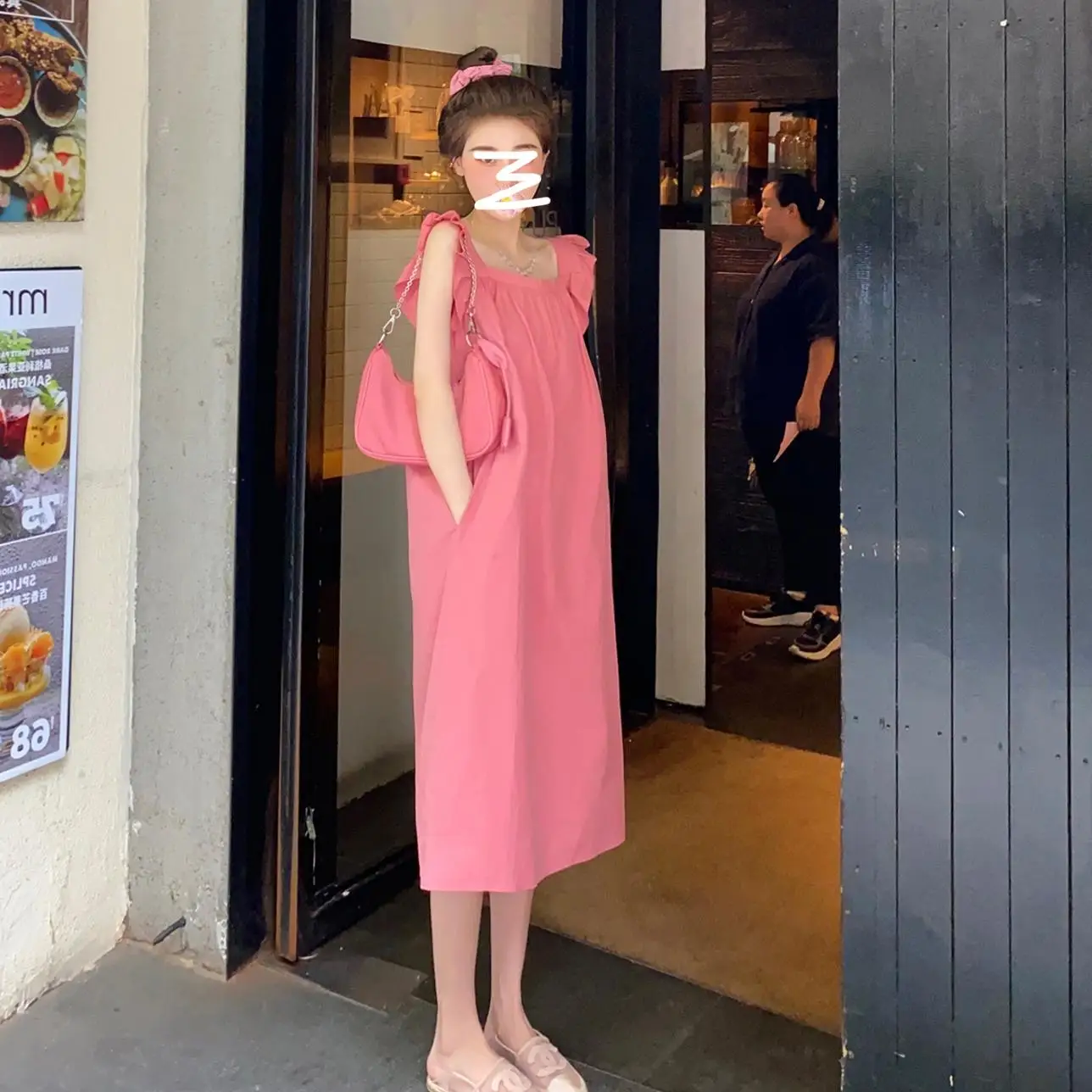 

Korean Style Pregnant Woman Strap Dress Solid Color Petal Sleeve Maternity Sleeveless Dress Princess Holiday Clothes Beach Dress