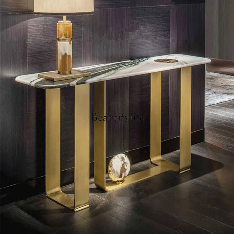 

Stainless Steel Marble Entrance Cabinet Affordable Luxury Style Home Wall Side View Living Room a Long Narrow Table