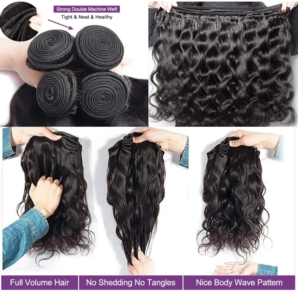 Human Hair Bundles with Closure Body Wave Brazilian Virgin Human Hair Weave 3 Bundles with 4x4 Lace Closure Natural Black Color 2