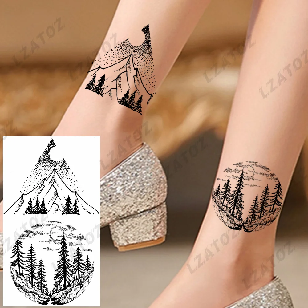 

Black Mountain Forest Temporary Tattoos For Woman Adults Realistic Fake Ocean Wave Moon Tattoo Sticker Foot Water Transfer Tatoo
