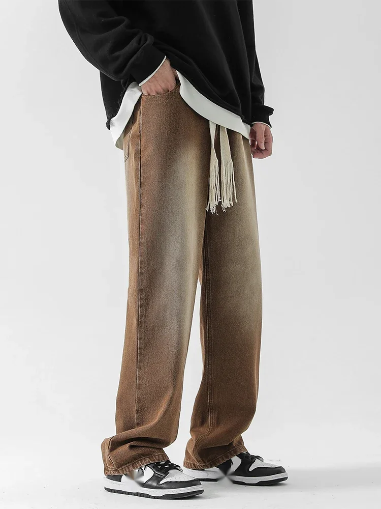 Brown jeans, men's spring and autumn American retro loose straight wide-leg pants, ins trendy brand versatile trousers
