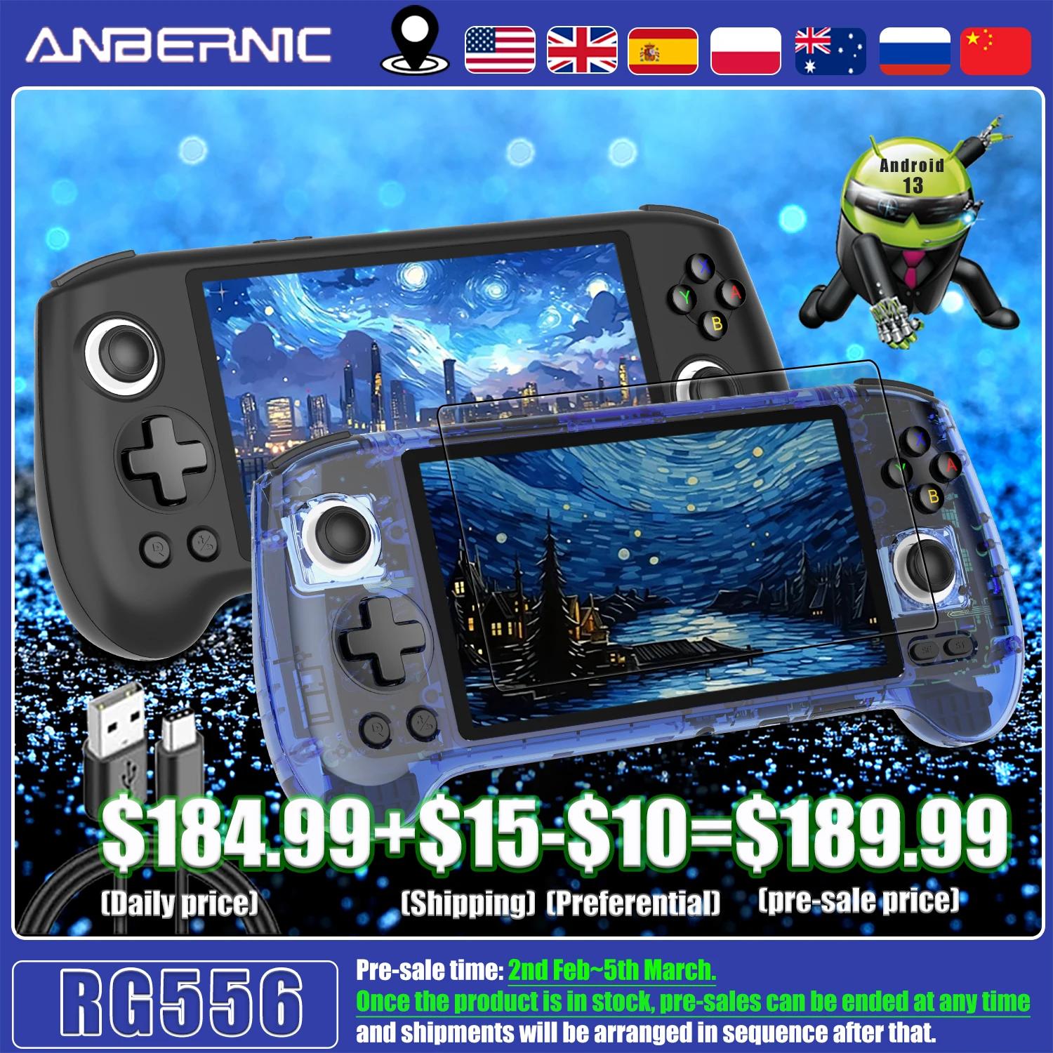 Anbernic Rg556 Console Di Gioco Portatile Retrò 64Bit Sistema Android 13 Unisoc T820 Schermo Amoled Da 5.48 Pollici Lettore Di Giochi Joystick Hall