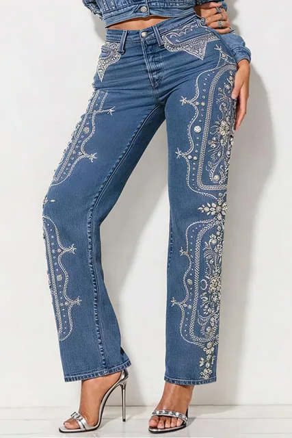Plus Size Business Casual Blue Pocket Elegant Drilling Denim Jeans