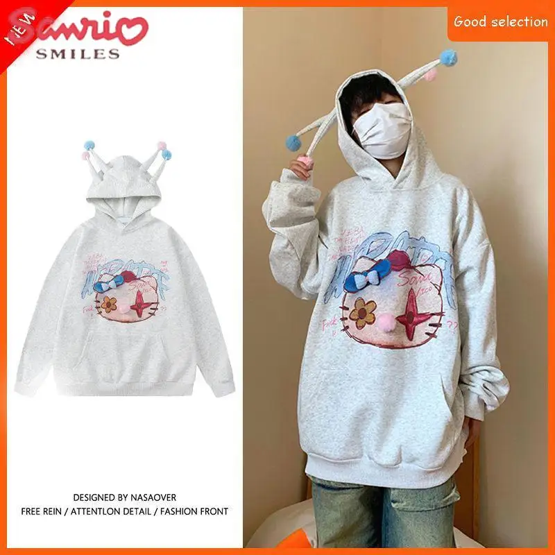 

Sanrios Y2K толстовка с капюшоном «Hello Kitty» свободная флисовая куртка с героями мультфильмов милые повседневные уличные толстовки с капюшоном размера плюс Аниме Топ подарок для девочек