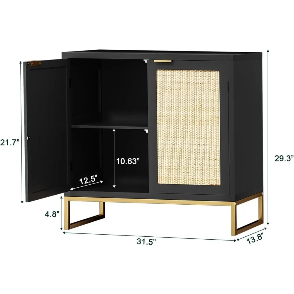 Rattan Sideboard Buffet Kitchen Storage Cabinet 2 Doors, Modern Black Accent Cabinet Kitchen Buffet Storage