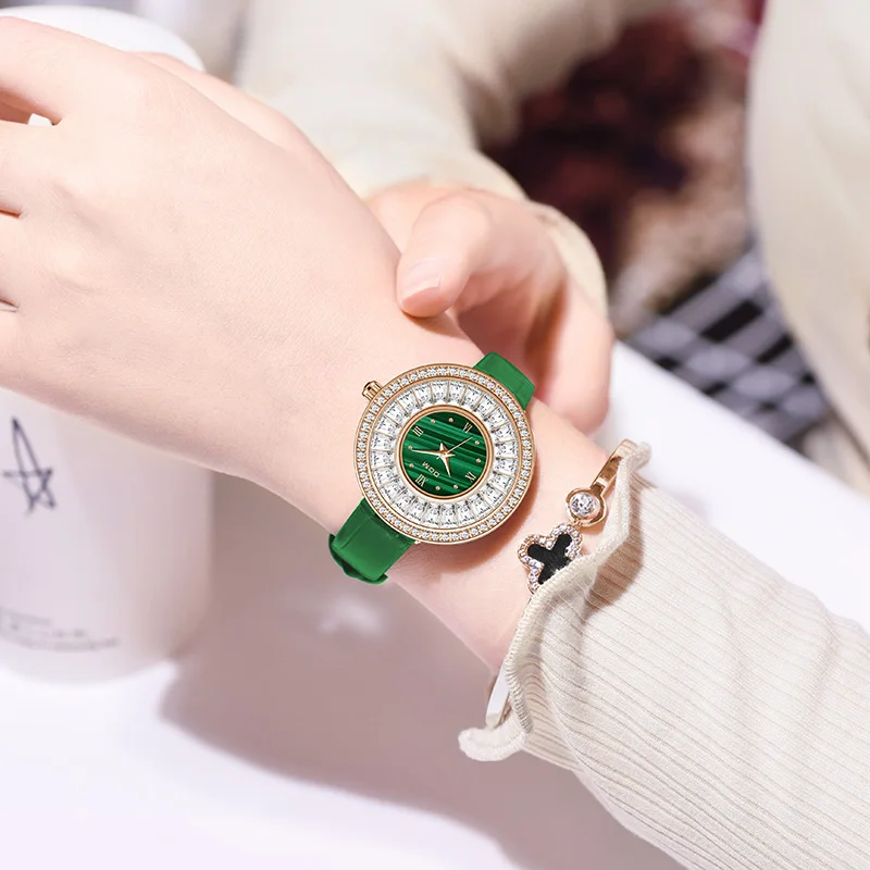 DOM Women Watch  New Ladies Quartz Watch Luxury Full Diamond Dial Waterproof Green Leather Strap Fashion Quartz Women's Watch