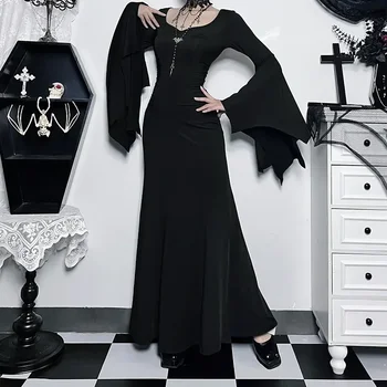 Halloween Costume Women Batwing Sleeve Floor Dress Black Gothic Evil Terror Maxi Mistress Morticia Addam Family Outfit For Adult 1