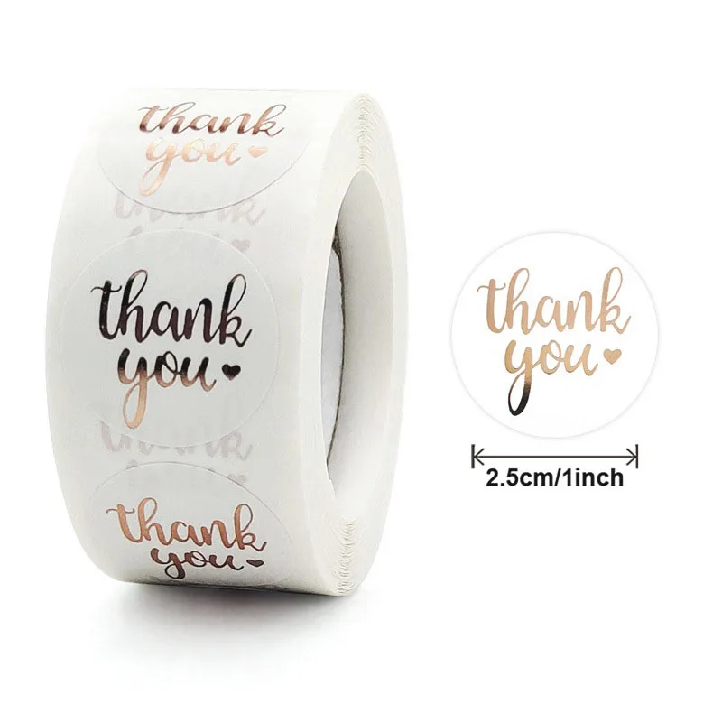 Roll of rose gold thank you stickers on display
