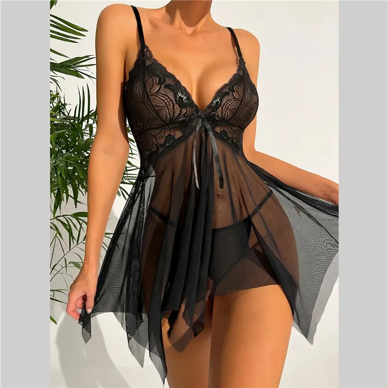 Short Style Red Sleeveless Summer Nightgowns Women's Nightshirt Sling Sexy Sleepwear Hot Mesh G-string Adult Pajamas Transparent