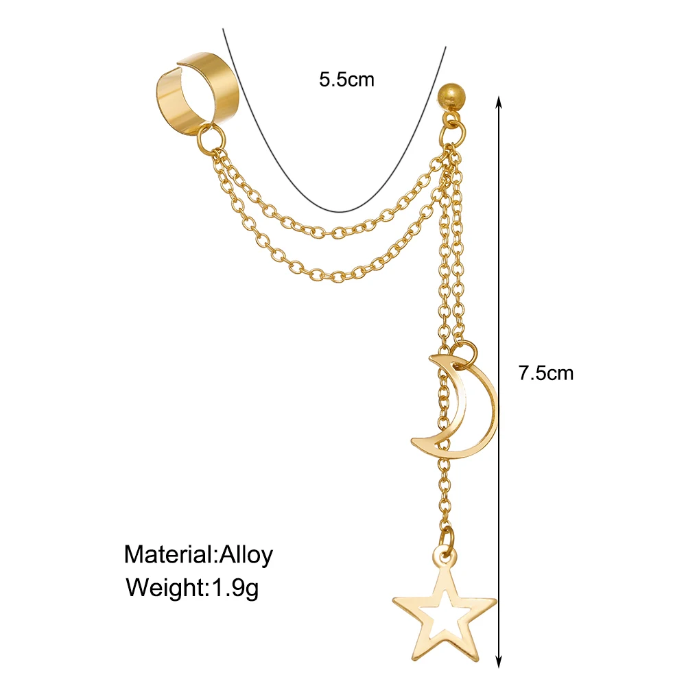 Vintage Pendant Metal Dangle Earrings with Long Chain Ear Clip for Women Silver Gold Color Star Moon Earring Jewelry