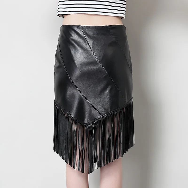 

New Slim Fit Genuine Leather Short Skirt, Sheepskin Tassel Skirt, Half Skirt, Hip Wrap Skirt, Mid Length Skirt