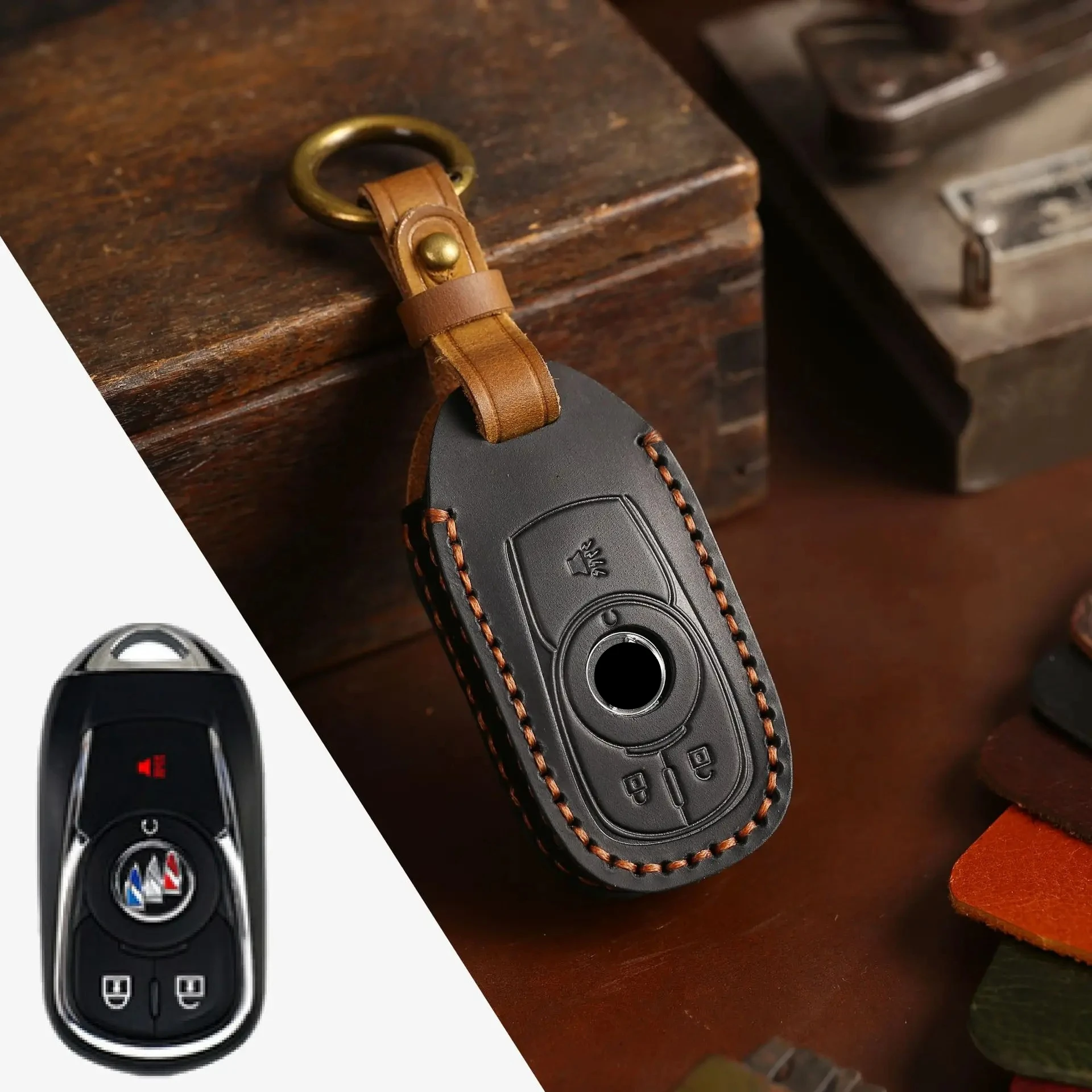 Luxury Leather Key Fob Cover: Anti-Scratch, Shockproof Protection with Metal Ring