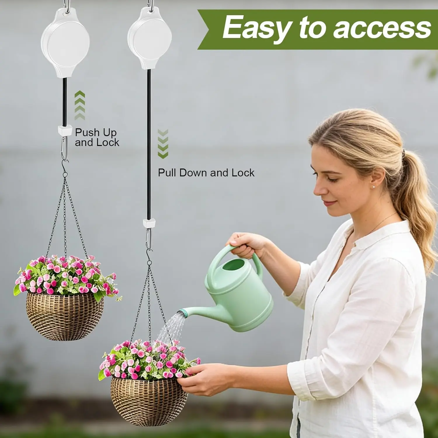 Retractable Plant Hanger Hook for Easy Reach of Hanging Baskets and Bird Feeders
