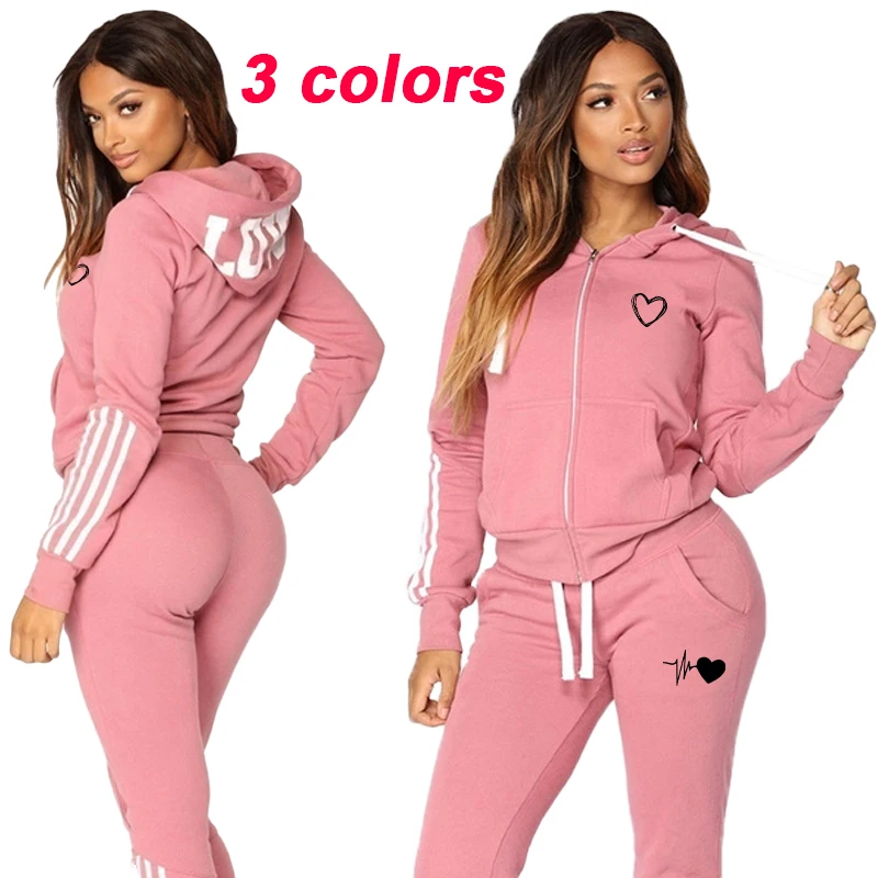 New Women's Fashion Casual Long Sleeve Full Zip Printed Women's Sportswear Hooded Top Long Pants Jogging Set