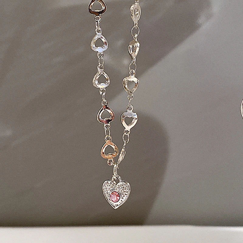 Rosa Kristallherz-Anhänger Halskette für Frauen Exquisite Silberfarbene Schlüsselbeinkette Kpop Trendiger Hochzeits-Ästhetik-Schmuck Geschenk – Detail 11