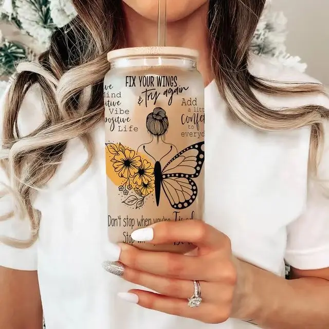 Különleges Virágtervezés 16Oz Üvegpoharat Csomagoló Matrica 3D Uv Dtf Csomagolásátviteli Vízállóban - Image 2