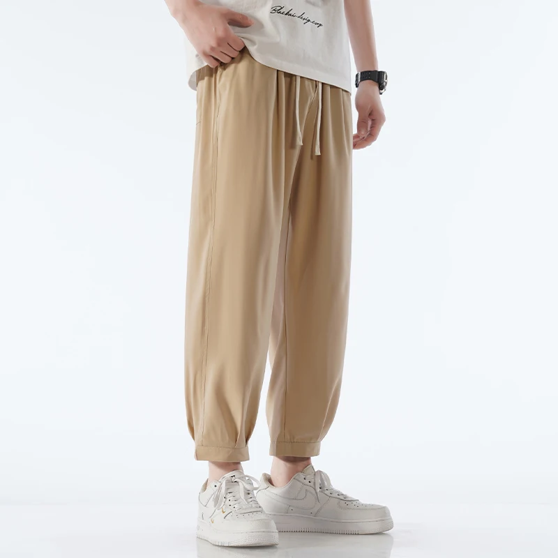 Summer New Trendy Solid Color High Waisted Elastic Drawstring Men's Ice Silk Quick Drying Casual Sports Leggings Cropped Pants