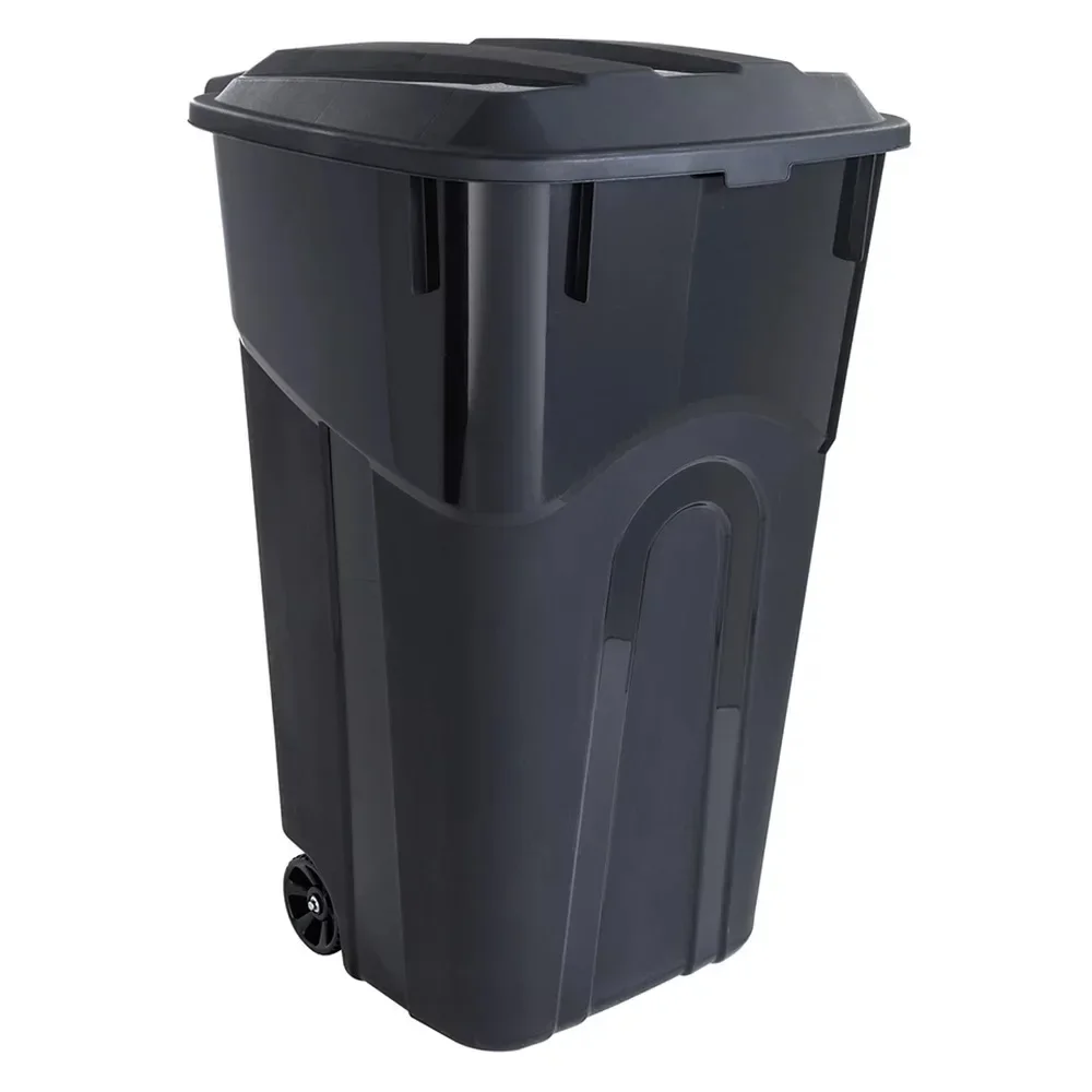 

32 Gallon Wheeled Heavy Duty Plastic Garbage Can, Attached Lid, Black