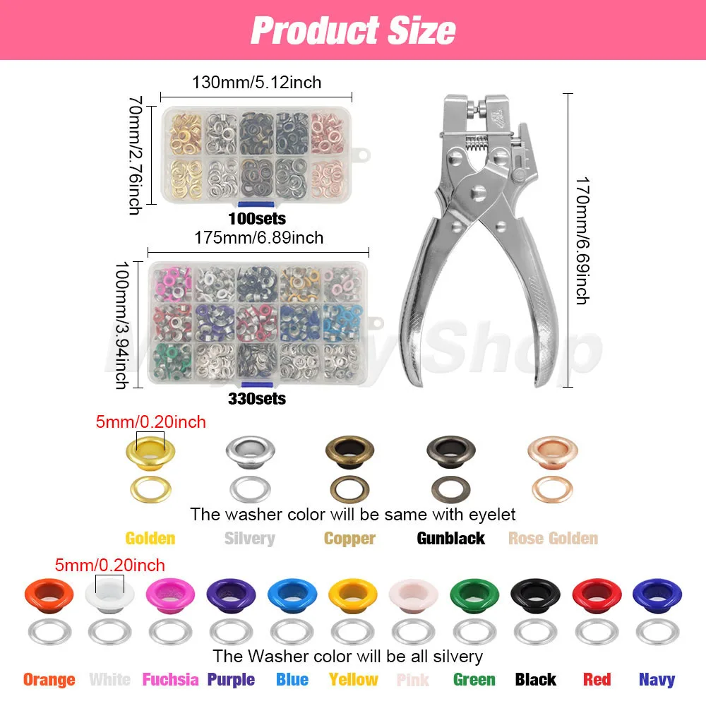 Eyelet Grommet Ring Kit Eyelet Grommet Ring Eyelet Punch Tool Set Grommet Eyelet Kit Grommet Punch Tool Grommet Tool Kit Grommet Tool 5mm Multi-Color Metal Eyelets Grommets Kit with Installation Tools Punch Pliers Kit For Leathercraft Shoes Belts Bags Clothes