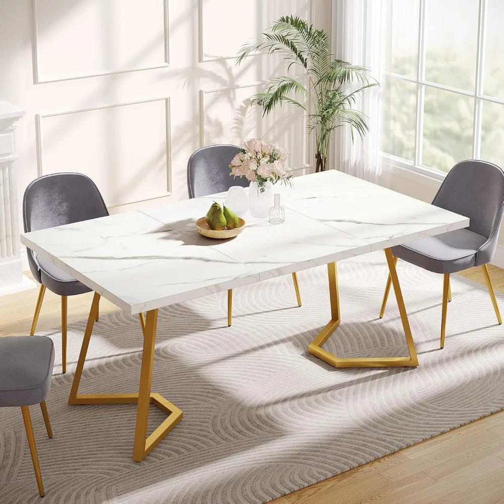 Gold Dining Dinner Table: 55 Inches Modern White Dining Room Table with Golden Legs, Faux Marble Small Kitchen Table 3