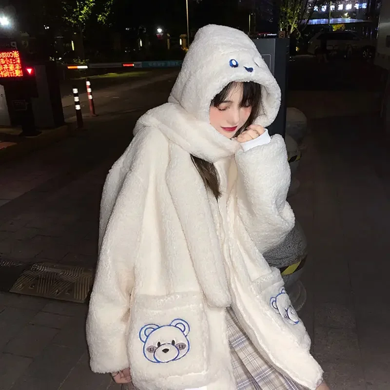 Women Japanese Harajuku Lambswool Sweatshirt Coats Kawaii Bear Embroidered Zip Up Loose Hoodies Soft Girl Cute Plush Jacket 2023