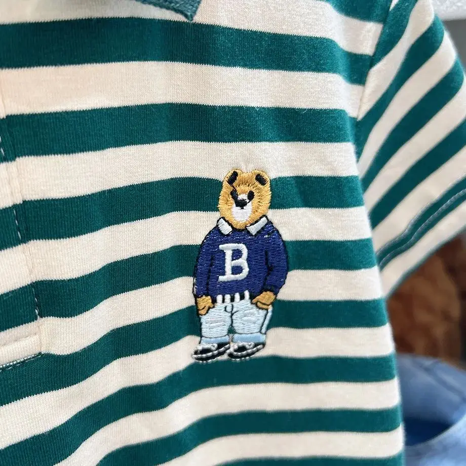 Boys Short Sleeve Tee Polo Shirt For Children 2025 Kids Clothes Striped Graphic Bear T-Shirt Summer Clothes Toddler Casual Tops - 6