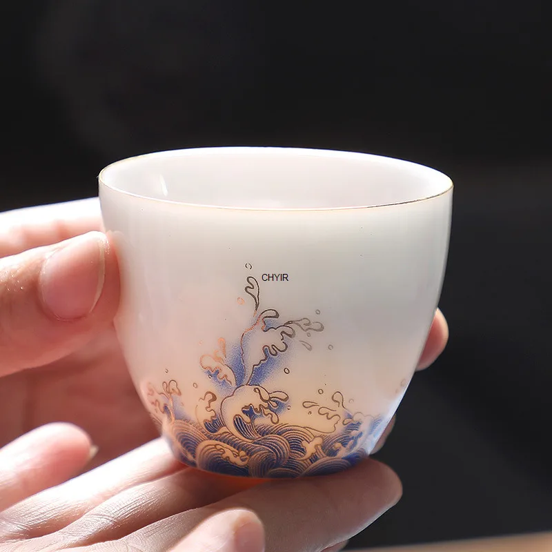 High White Porcelain Gilded Green Tea Cup Tea Set Tea Cup Ceramic Tea Bowl Host Single Cup Tea Tasting Cup