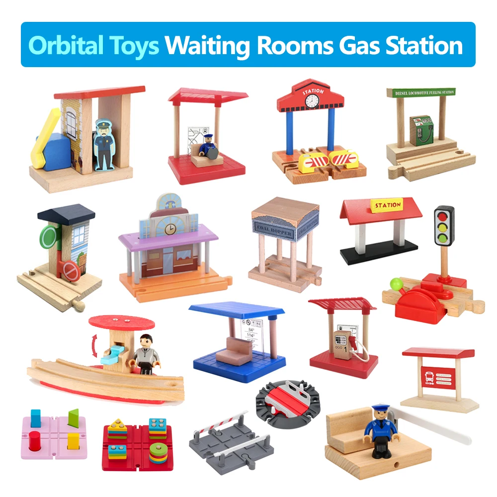 Children's train track scene gas station convenience store traffic light plug-in toy assembly compatible with wooden tracks children s puzzle electric diy puzzle assembly electric rail car automatic track city scene building educational toy gift