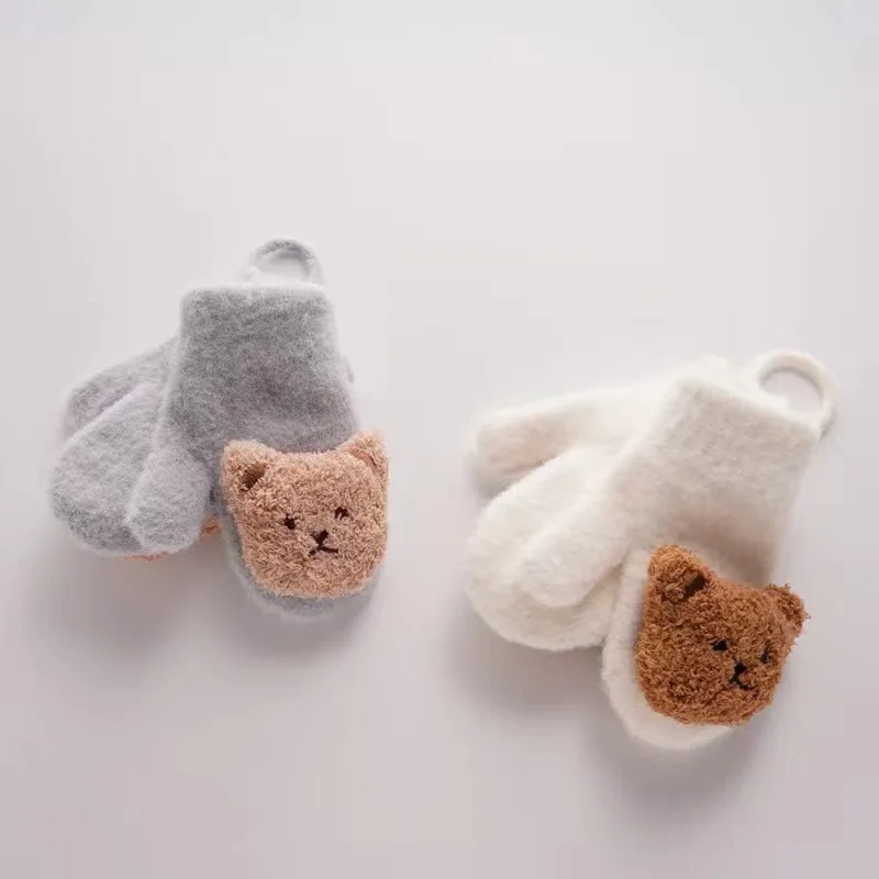 1-4Y Cartoon Bear Baby Mittens Winter Warm Kids Baby Girl Gloves Knitted Children Toddler Thick Teething Mitten Handschoen