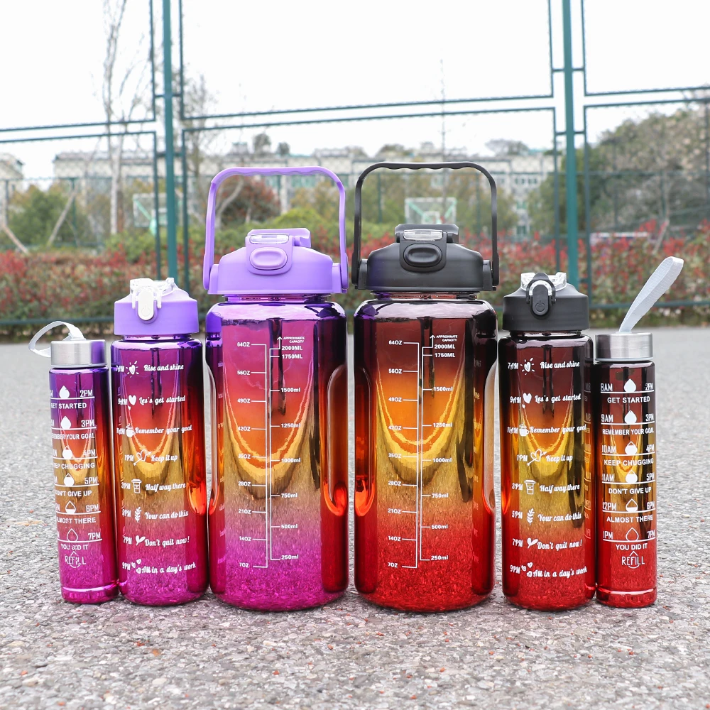 Set of 3 Leak-Proof Electroplated Gradient Water Bottles with Straws and Time Markers - Ideal