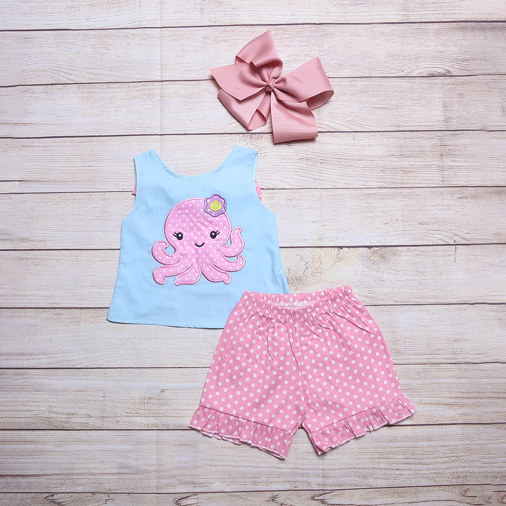 

Pink octopus patch cloth embroidered blue top New Clothes For Girls Dress Suit Embroidery Loungewear Casual Style For 1-8T