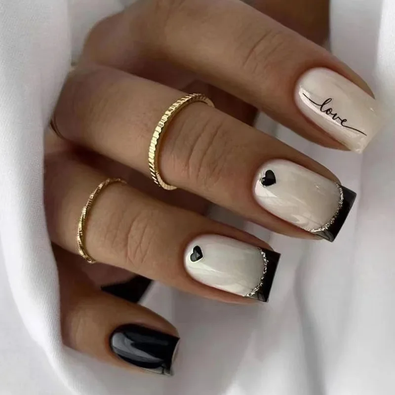 

Black White False Nails With Glue Press On Acrylic Fake Nails Detachable Press On Nail Tips DIY Full Cover Manicure Tips Tool
