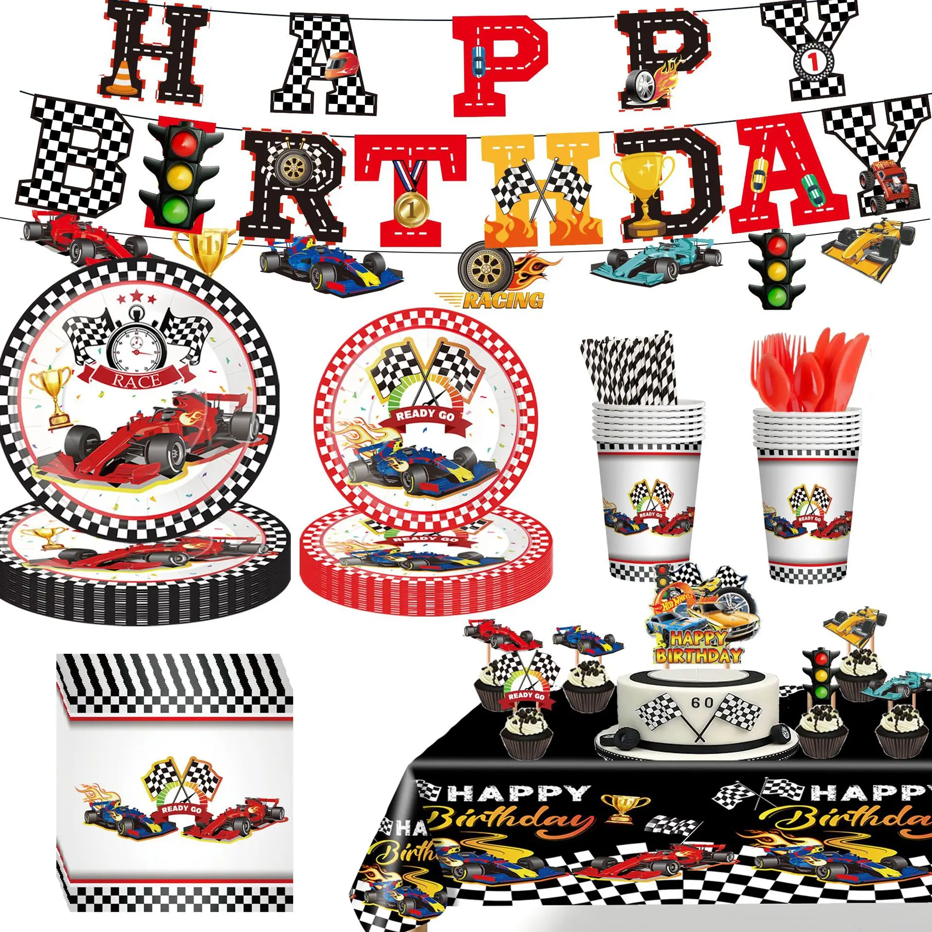 Racing Theme Kild Birthday Supplies Disposable Party Tableware paper Plates Cups Tablecloth For Kids Birthday Party Decorations