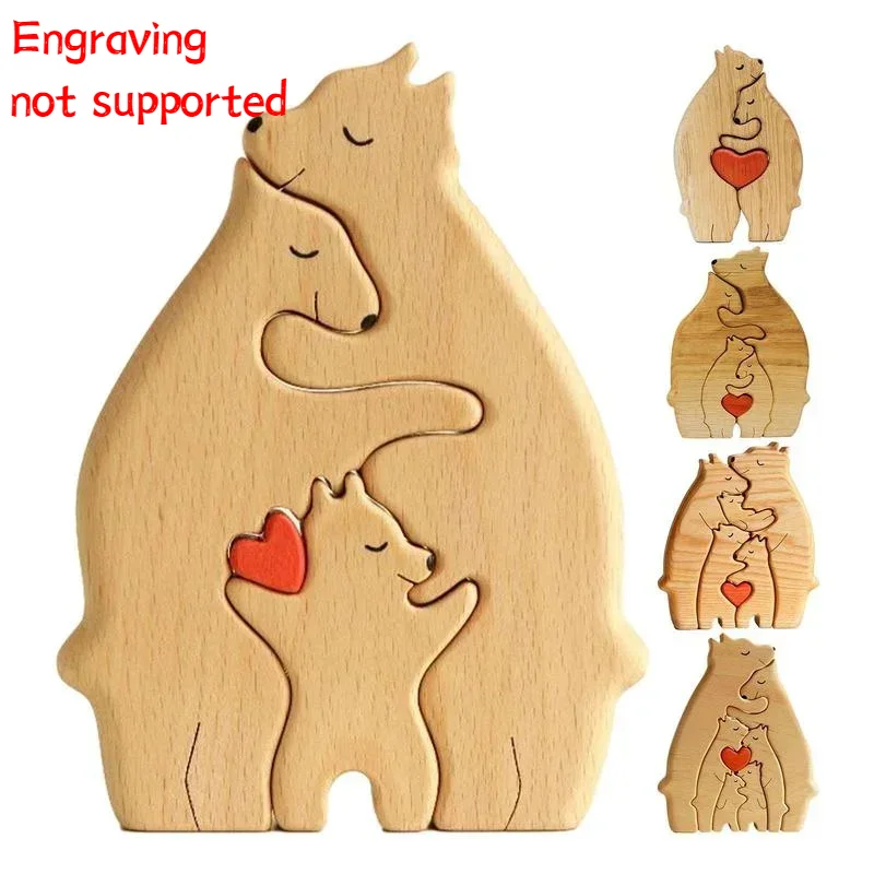 Drewniane dekoracje na biurko spersonalizowane serce z motywem rodzina niedźwiedzia drewniane Puzzle ozdoba na biurko prezent na dzień matki w stylu Deco