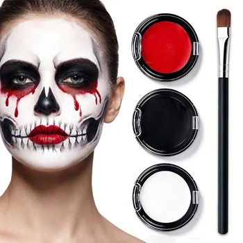 Set di Trucco per Viso e Corpo, Colori Nero Bianco Rosso, Crema per Trucco con Pennello, Pigmenti Lavabili per Halloween, Cosplay, Carnevale