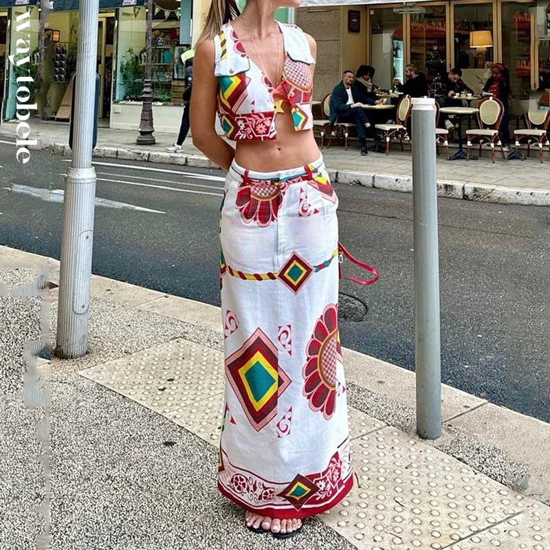 Waytobele Women Two Piece Set Summer V Neck Retro Printed Sleeveless Single Breasted Button Vest Top Loose Slit Long Skirt Sets retro ethnic style camera shoulder neck strap band multi color series pu leather vintage adjustable belt for nikon sony dsl dslr