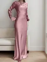 Women's Bespoke Satin Maxi Dress with Corset Waist Tie Classic Round Neck & Dramatic Flared Sleeves Luxury Evening Dress - Image 6