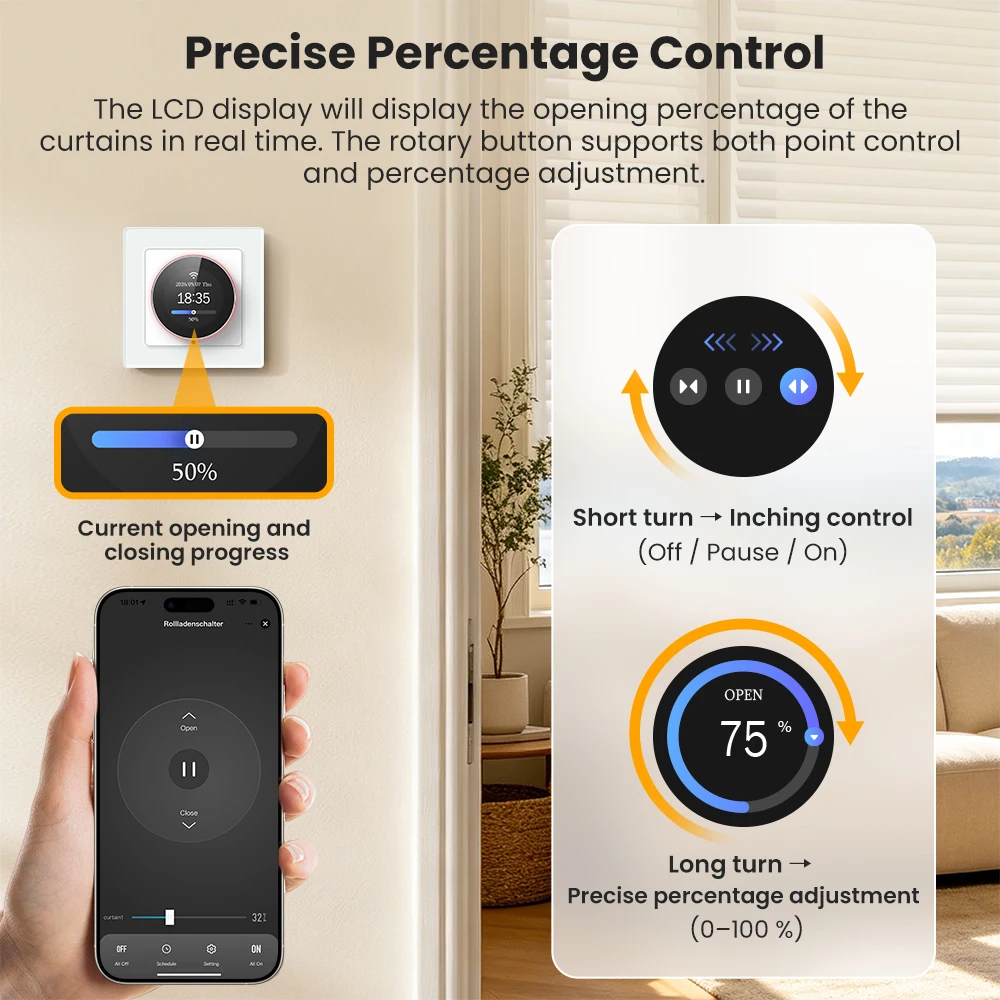 AVATTO WiFi 스마트 노브 커튼 스위치, 롤러 블라인드 셔터용, 정밀 백분율 제어, Tuya Alexa Google Home과 호환