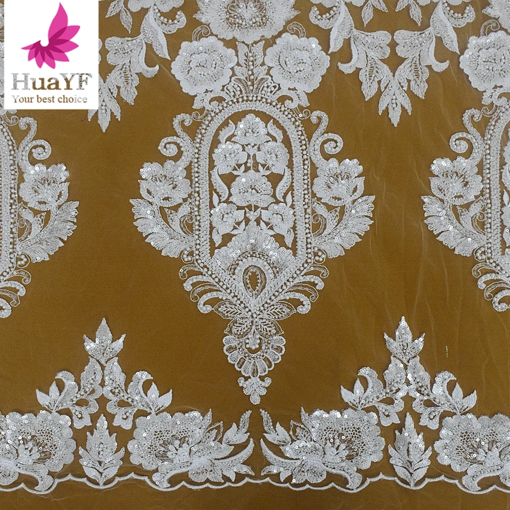 

Вышивка белого бисера Свадебное Сетчатое кружево с блестками для свадебного платья ткань HY2248-1