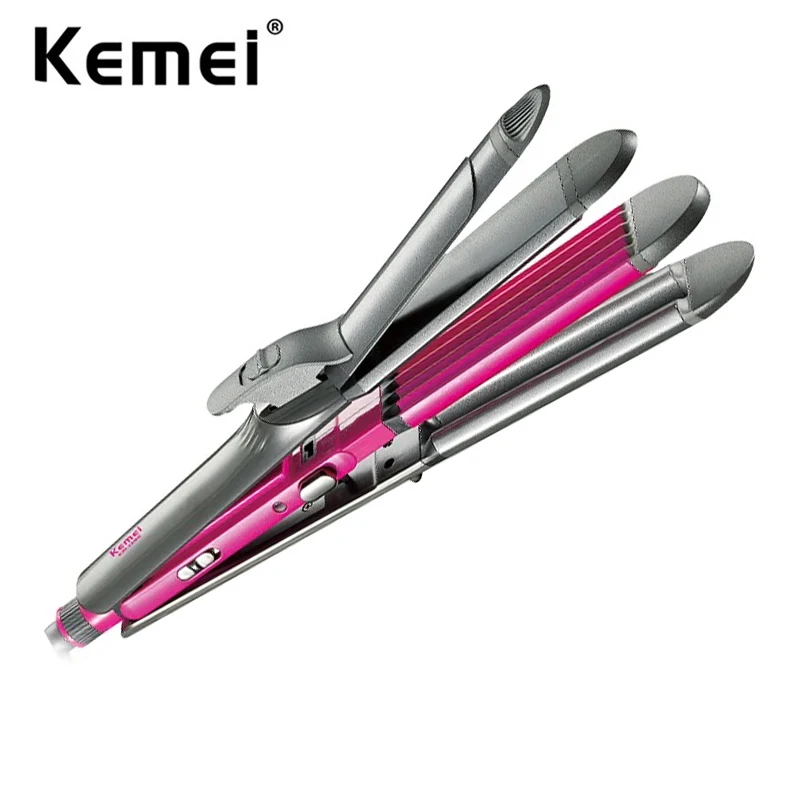 Kemei 4 in 1 Hair Straightener Crimper Hair Wand Curler Flat and Curling Iron Women Styling Waver Adjustable Temperature