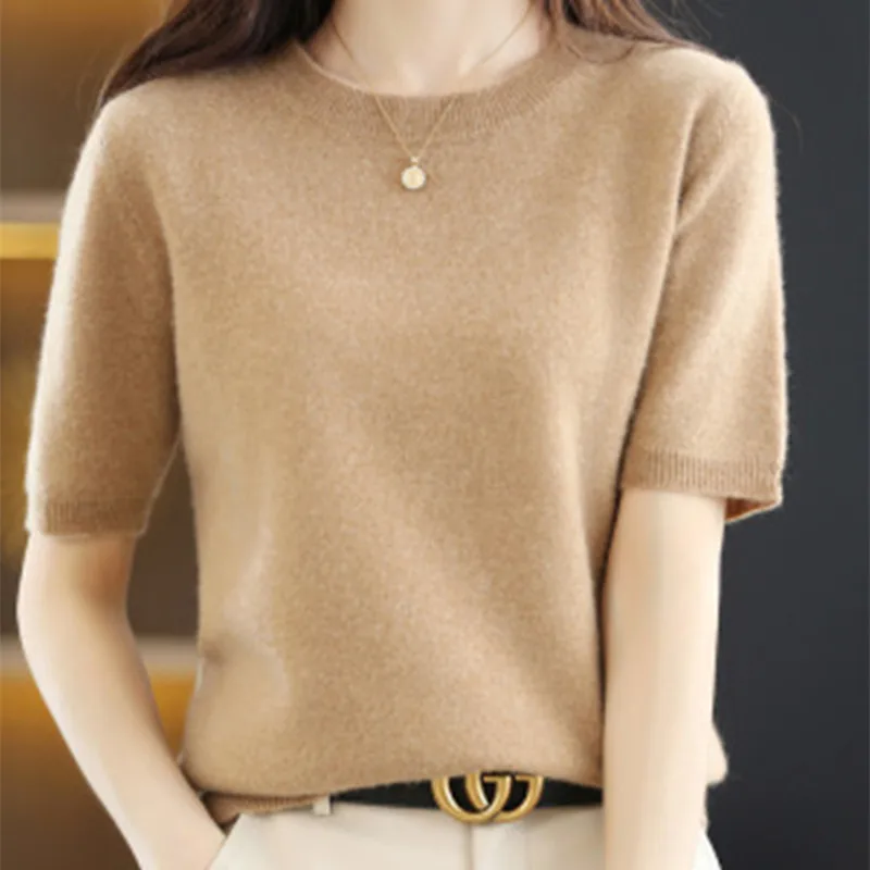 ตัวเลือกสินค้า ฤดูใบไม้ผลิและฤดูร้อนใหม่แขนสั้นผู้หญิง O-คอ Slim Wool Cotton Blend เสื้อกั๊กเสื้อยืดถักเสื้อกันหนาว