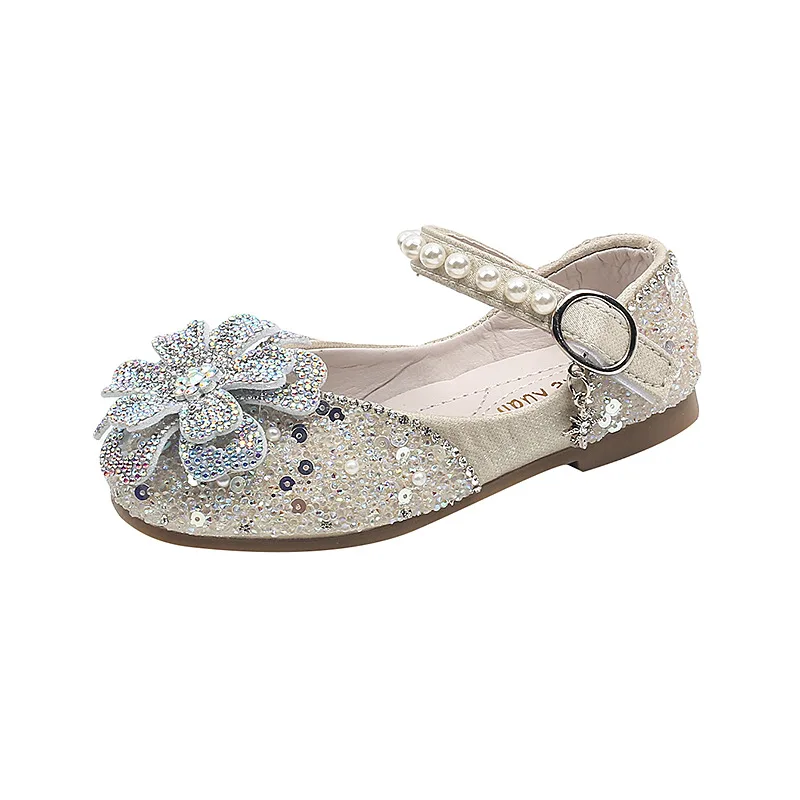 Girls Leather Flat Shoes with Rhinestone for Autumn Party