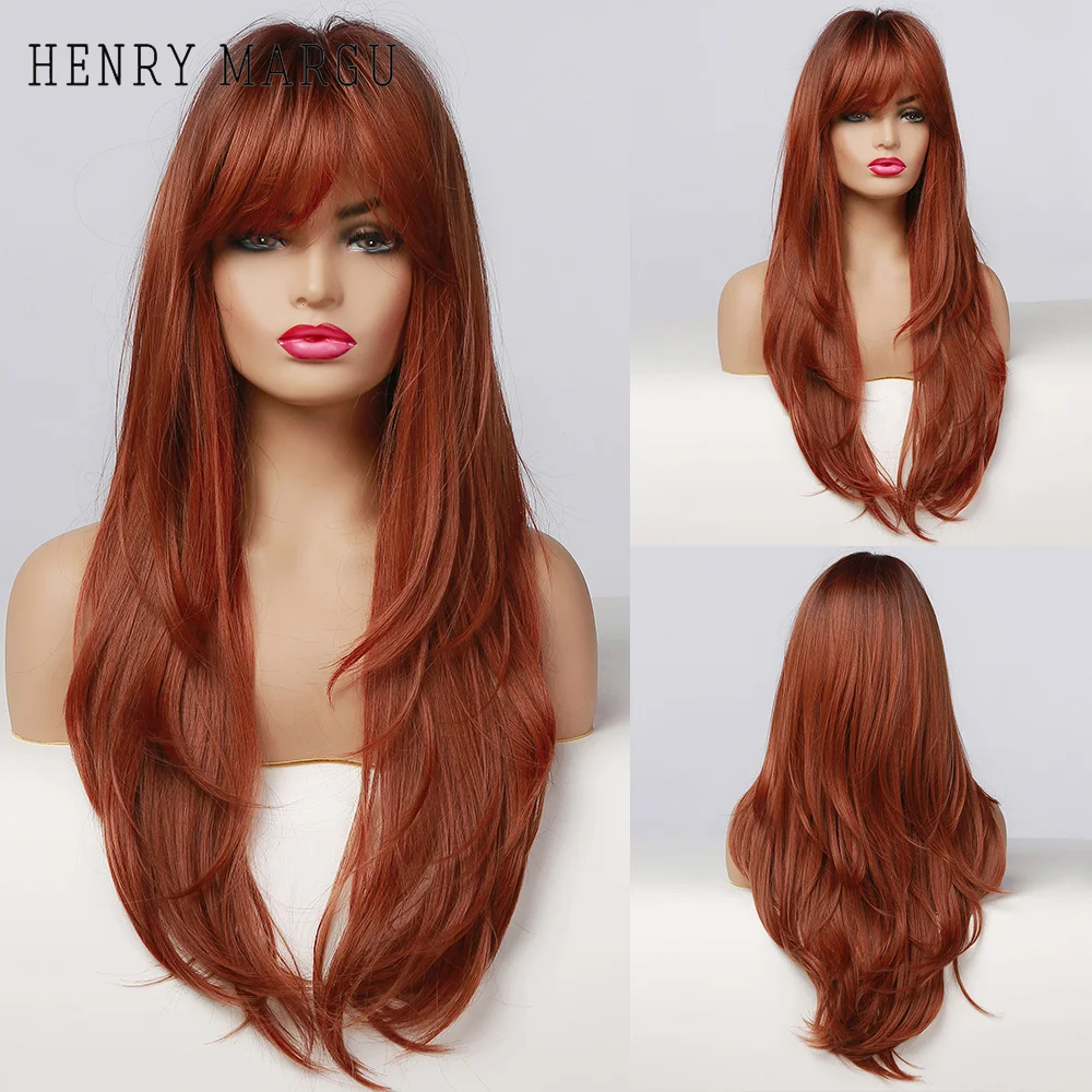 HENRY MARGU Long Wavy Brown Red Orange Wigs with Bangs Cosplay Party Heat Resistant Synthetic Hair Wigs for Black Women Afro