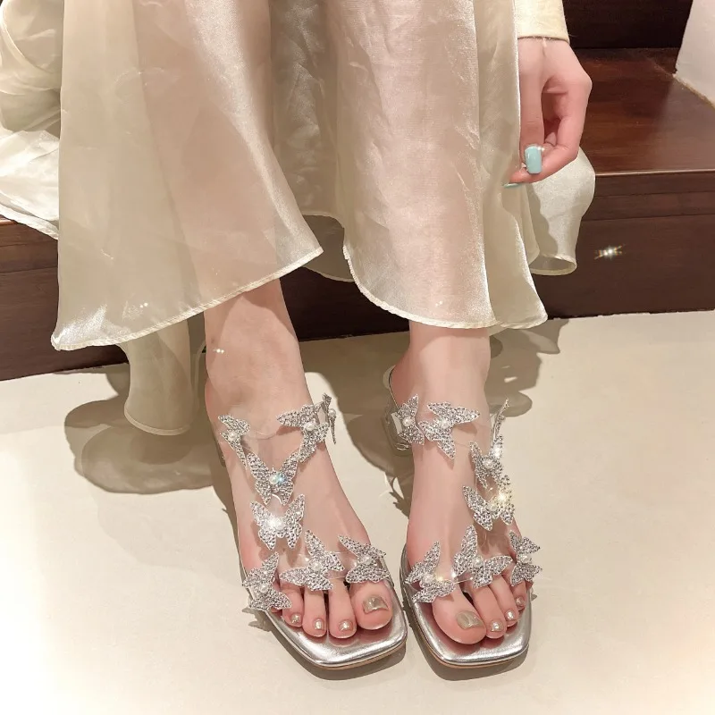 

Женские прозрачные Шлепанцы из ПВХ с бантом, летние дизайнерские шлепанцы на высоком квадратном каблуке, сланцы, 2024